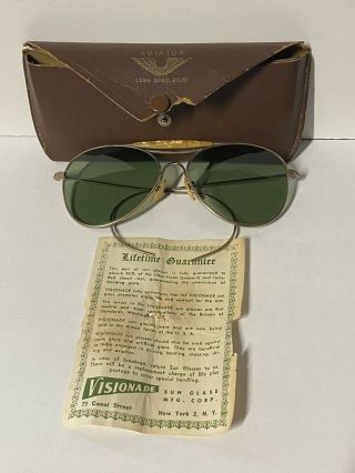 Vintage Wwii Visionade Pilot Aviator Sunglasses Usaaf With Case & Paper