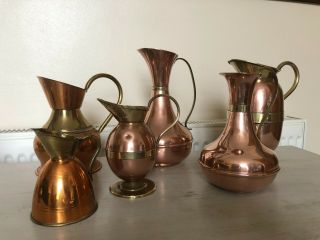 6 X Vintage Copper & Brass Jugs