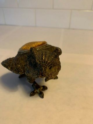 Austrian Bronze Cold Painted Signed Pin Cushion Owl