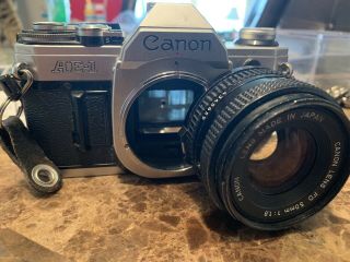 Vintage Canon 35mm Film Camera Ae - 1 Chrome Body With Fd 50mm Zoom Lens 1:1.  8