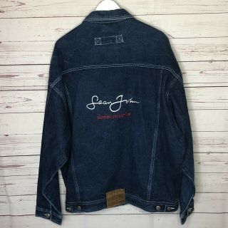 Vtg Sean John Denim Men’s Jean Jacket Spell Out Leather Patch Size Xl Blue