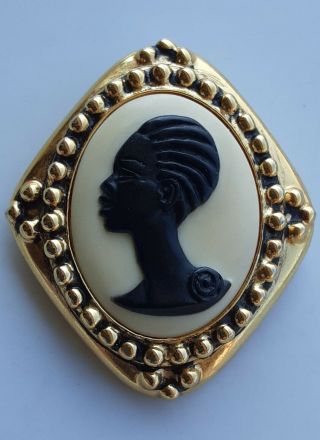 Vintage Coreen Simpson Black African Queen Cameo Gold Tone Stud Frame Brooch Pin