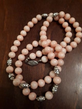 Vintage Pink Coral Bead Necklace Sterling Strand Jewelry