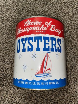 Vintage Choice Of Chesapeake Bay Brand Oysters 1 Gallon Red White Blue Tin