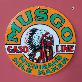Vintage Musgo Gasoline Porcelain Gas Station Motor Oil Michigan Mile Sign