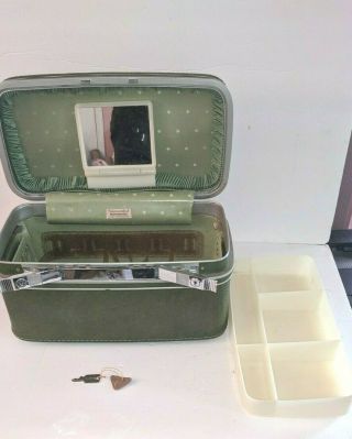 1960’s Vintage Samsonite Fashionaire Green Train Case With Key,  Mirror,  Tray