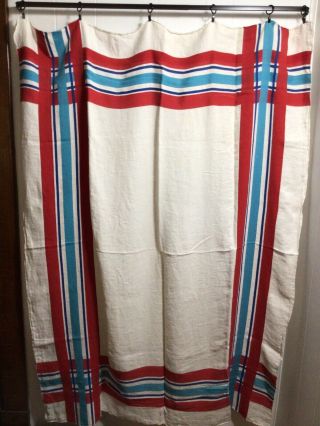Vintage French Linen Tablecloth Ivory W/ Red Blue Aqua Stripe Rustic Weave