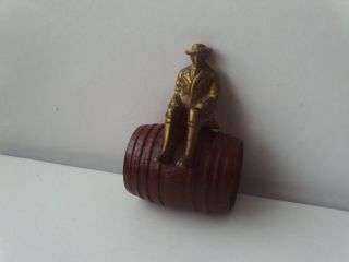 Brass Figure (male) Seated On Oak Wooden Barrel Vintage/retro 1950s/60s Vgc