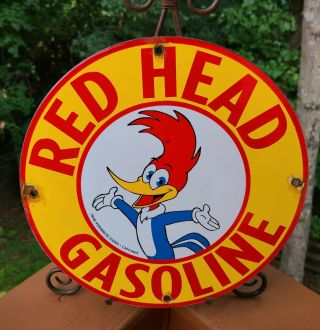 Vintage 1948 Dated Red Head Gasoline Motor Oil Porcelain Enamel Gas Pump Sign