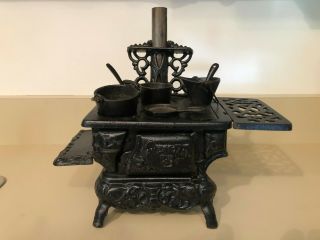 Antique American Cast Iron Toy Wood Cook Stove W/acc Salesman Sample