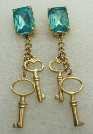 Vintage Large Blue Crystals Dangle Keys Gold Tone Earrings Clip - On
