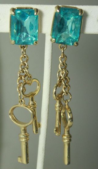 Vintage Large Blue Crystals Dangle Keys Gold Tone Earrings Clip - on 2