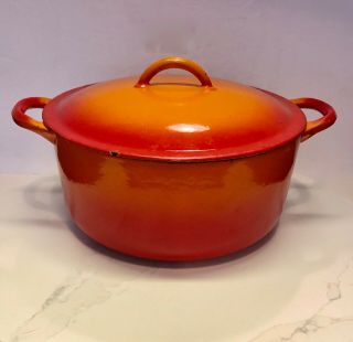 Descoware Vintage Cast Iron Enameled Flame Orange Dutch Oven W/ Lid Belgium 2 - D