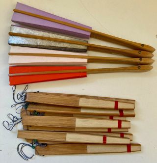 9 Vintage Japanese Or Chinese Paper & Bamboo Fans