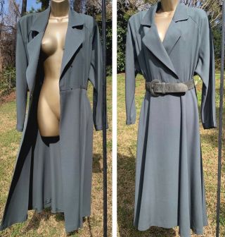 1980s Vintage Linda Allard Ellen Tracy Midi Dress Wrap Belted Sage Green Wool 10