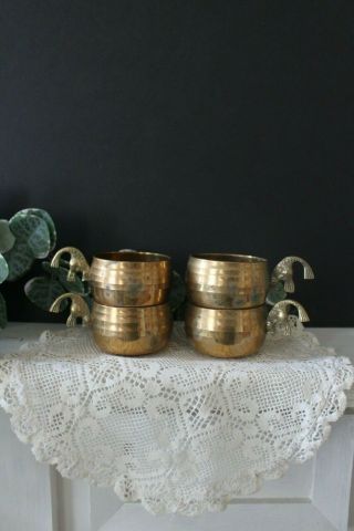 Vintage Brass Cups - Set Of 4 - Gold Round Tea Cups With Brass Koi Fish Handles