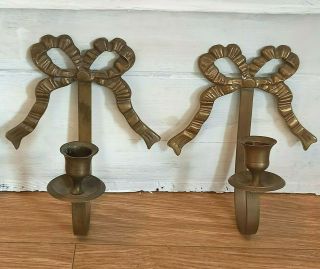 Pair Vintage Brass Candle Holders Wall Sconce Mounted Bows Retro Boho Home