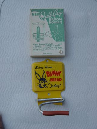 Vintage N Box American Bakers Bunny Bread Metal Advertising Kitchen Broom Holder