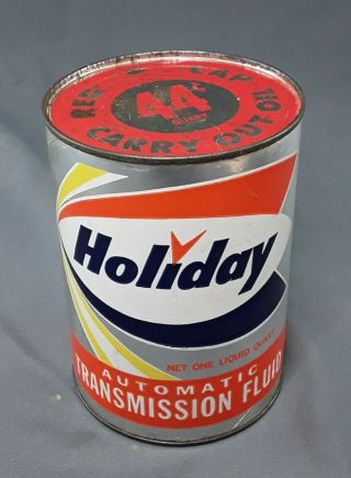 Vintage Holiday Gas Station Carry Out Red Cap Auto Transmission Oil Can Full