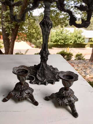 Antique Cast Iron Candelabra Gothic Victorian Plus Two Iron Candlestick Holders