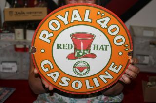 Red Hat Royal " 400 " Gasoline Gas Station Porcelain Metal Sign