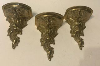 3 Vintage 6” Brass Wall Shelves Display Ornate T7