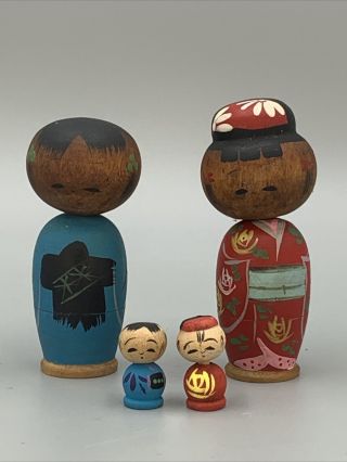 2 Vintage Hand Painted Wooden Japanese Kokeshi Bobblehead Nodder Nesting Dolls