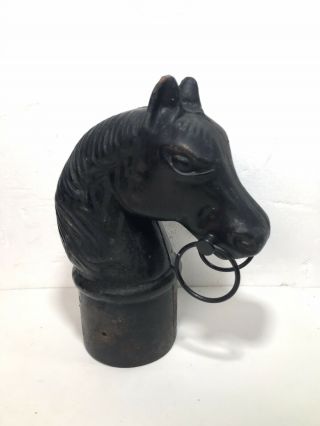 Vintage Equestrian Cast Iron Black Horse Head Hitching Post Topper Double Hoop