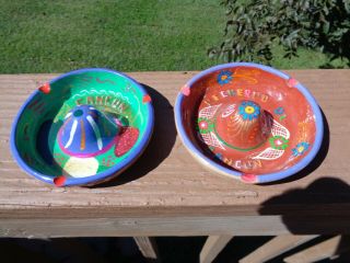 Mexican Hand Crafted Painted Pottery Sombrero Ashtrays Souvenirs Cancun