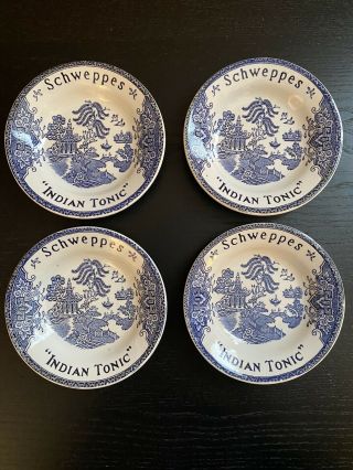 Vtg Lunesville Blue Willow 4pc Ash Tray Plate Advertising Schweppes Indian Tonic