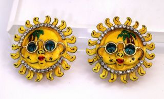Lunch At The Ritz Sun Sunshine Clip On Earring Glasses Rhinestone Yellow Vintage