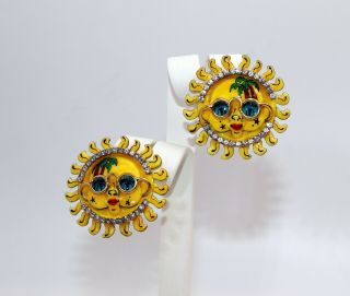 Lunch At The Ritz Sun Sunshine Clip On Earring Glasses Rhinestone Yellow Vintage 3