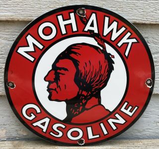 Vintage Mohawk Gasoline Motor Oil Oils Porcelain Enamel Gas Pump Sign