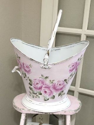 Vintage Pink Shabby Cottage Chic Hand Painted Coal Bucket Shuttle Hp Roses Decor