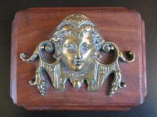 Antique 3 - D Brass Ladies Head Mounted On Wooden Plaque - Unusual Piece
