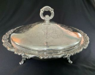 Vintage Oneida Large 3 Piece Footed Silver Plate Casserole Serving Dish W/lid