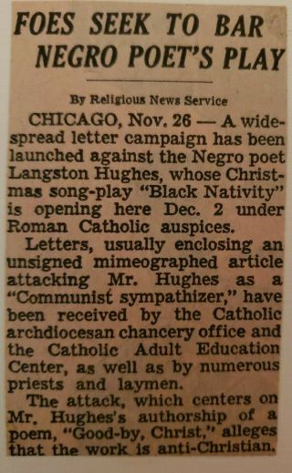 1963 Langston Hughes Vintage Clipping Mounted On Card W/envelope Black Nativity
