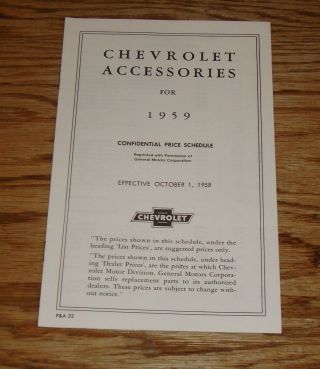 1959 Chevrolet Car & Truck Accessories Price List Brochure 59 Chevy