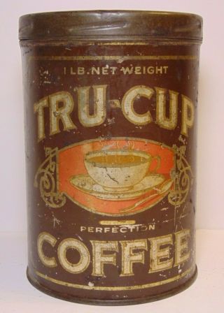 Old Vintage 1920s Tru Cup Coffee Tin Graphic Tall 1 Pound Can Chicago Illinois