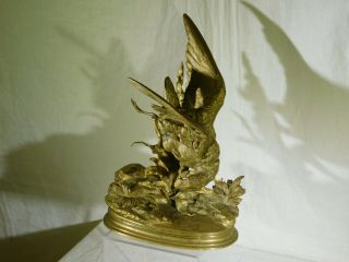 Jules Moigniez Master Sculptor Gilt Bronze Kingfisher & Snake Statue Signed