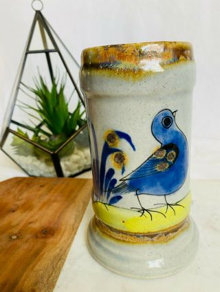 Vintage Mexican Pottery Tall Mug - Blue Tonala Bird Marked Fm & Snail Folk Art