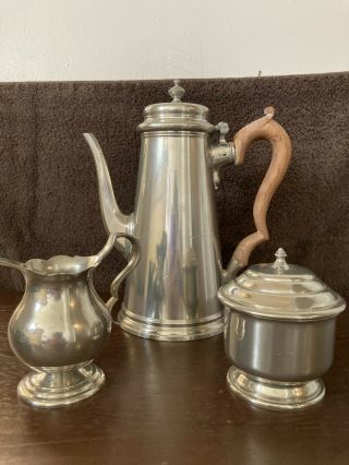 Vintage Williamsburg Stieff Pewter Coffee/tea Pot & Sugar And Creamer Set