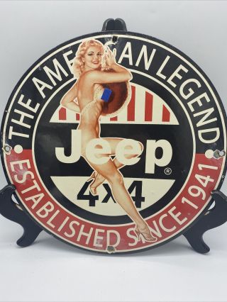 Vintage  Jeep 4x4 " Porcelain Enameled Gas & Oil Sign 12 Inch