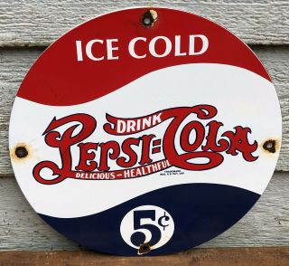 Vintage Pepsi Cola 5 Cents Porcelain Gas Oil Service Station Sign Soda Pop