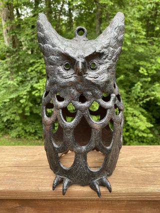 Vintage Mid Century Large Cast Iron Hanging Horned Owl Garden Lantern