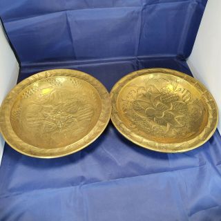 2x Decorative Brass Plates Etchd Pattern Bowl Dishes Dish Vintage