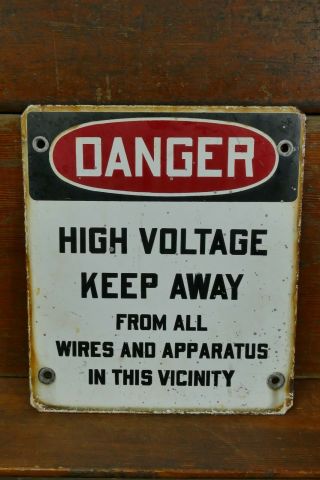 Vintage 1950s Danger High Voltage Keep Away Industrial Porcelain Sign 12”x10.  5”