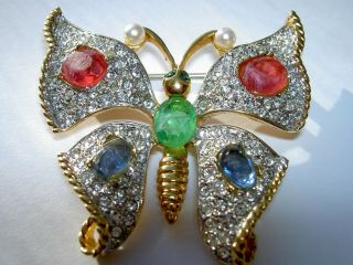 Vtg Jomaz Panetta Pearl Ruby Emerald Sapphire Rhinestone Butterfly Brooch Pin