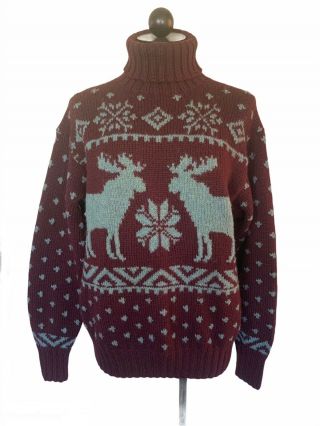 Vintage Mens Polo Ralph Lauren 100 Hand Knit Wool Elk Reindeer Sweater Large L