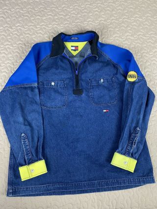 Tommy Hilfiger Jeans Denim & Neoprene Vintage Shirt Mens Sz L 1/4 Zip Rare 90s